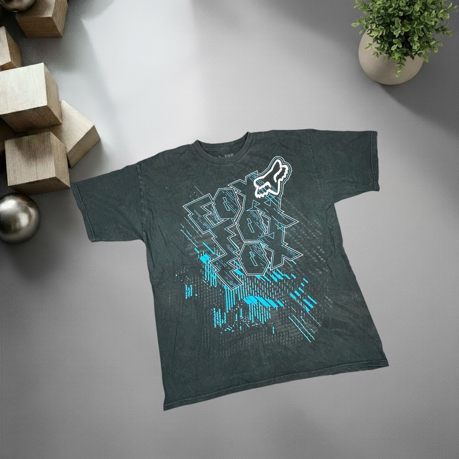 Vintage Fox Racing Graphic T-Shirt Black Cyan Y2k Skater Boxy Fit Mens Large